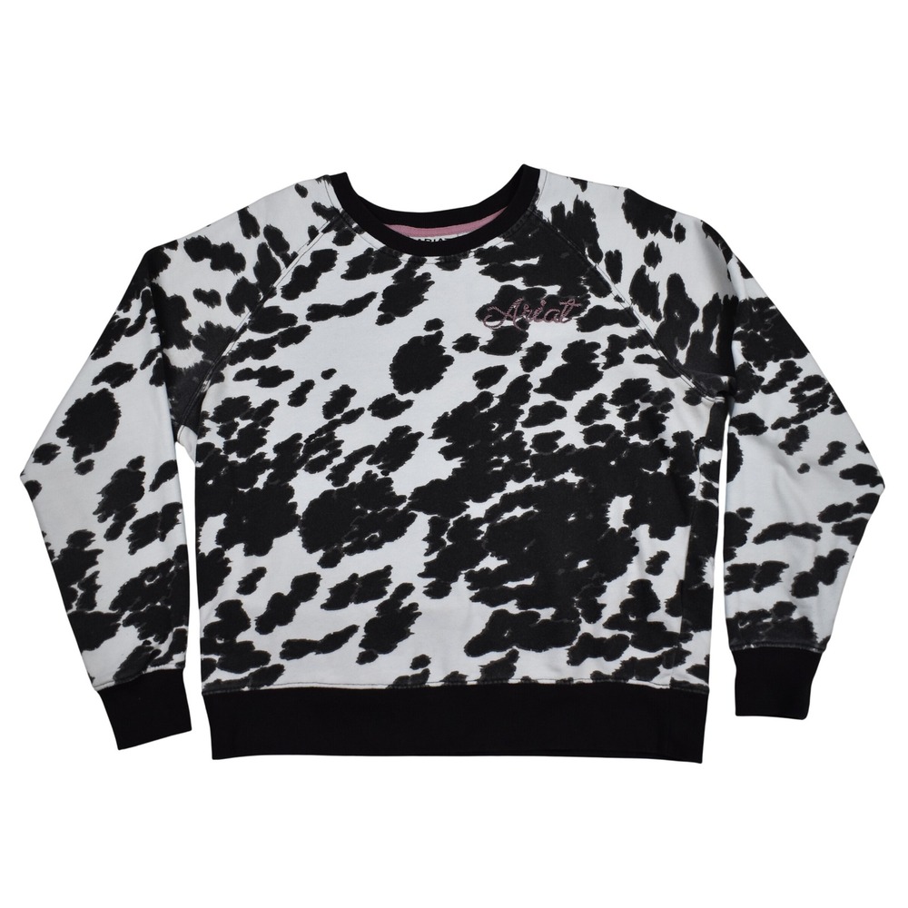 Ariat Real Hide Crew Sweatshirt Women Large Black White Cow Print Western Boho